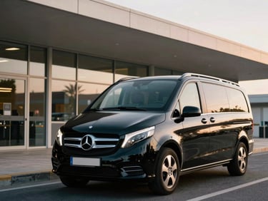 Front profile of a black Mercedes-Benz V-Class luxury van parked outside a modern Athenian terminal, clean architectural lines.