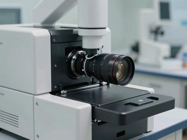 Close-up of modern automated pathology laboratory equipment, clean sterile surfaces, bright neutral clinical lighting, professional environment.
