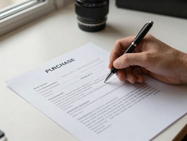 Close overhead detail of a hand tracing a line on a real estate purchase agreement on a cream-toned desk, a pen resting beside it, natural window light from the upper left, documents sharply in focus