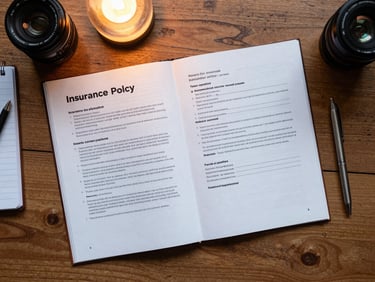 Flat-lay overhead of an insurance policy document open on a wooden desk alongside a pen and a small notebook with handwritten notes, warm ambient lighting from above, organized and deliberate arrangement