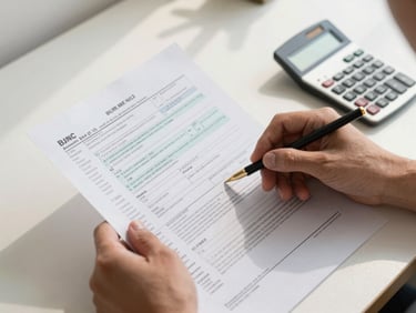 Close detail of hands holding a printed tax return with a calculator and pencil visible on a cream desk surface, daylight from a nearby window casting soft shadows, forms clearly readable as work in progress