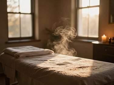 Dimly lit luxury therapy room with soft steam rising, warm golden-hour window light, Manrope aesthetic, shallow depth of field