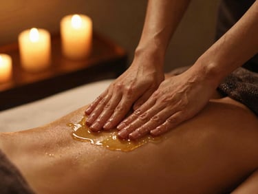 Hands in motion applying warm oil infusion during a massage therapy session, soft candlelight, rich amber tones
