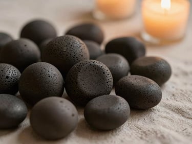 Close-up of hot basalt stones resting on textured linen, soft ambient glow, minimal luxury wellness spa aesthetic