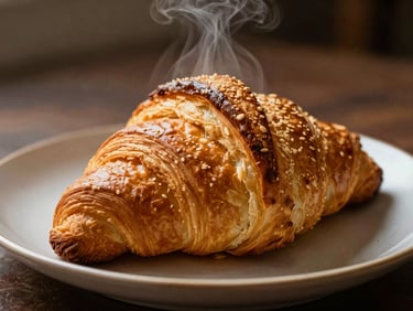 A freshly baked golden-brown croissant, steam gently rising, placed on a simple, elegant plate, warm editorial food photography, 35mm.