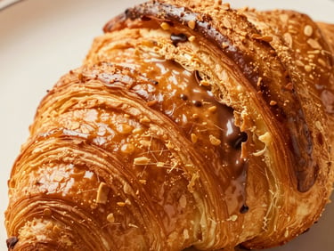 Close-up of a golden-brown chocolate croissant, sliced to reveal melted dark chocolate inside, warm editorial food photography, high-contrast side lighting, rich golden tones, macro depth of field, 35mm