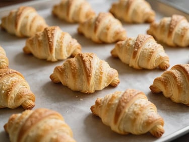 Frozen par-baked croissants arranged neatly on a baking sheet, ready for the oven, with soft, warm lighting, 35mm.