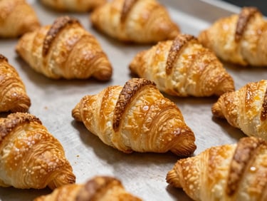 Arrangement of several mini golden-brown croissants on a baking sheet, warm editorial food photography, high-contrast side lighting, rich golden tones, macro depth of field, 35mm