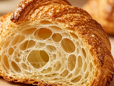 Close-up of a perfectly golden-brown, flaky plain croissant cross-section showing the honeycomb structure, warm editorial food photography, high-contrast side lighting, rich golden tones, macro depth of field, 35mm