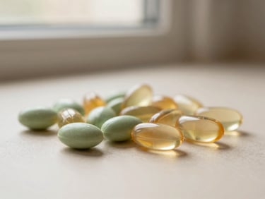 Macro shot of colorful hair supplement gummies next to clear gel capsules, soft diffused window light on a warm ivory surface, shallow depth of field, vertical composition.