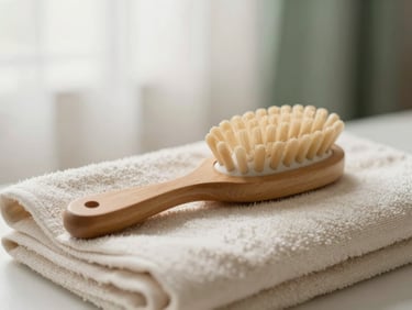 Soft focus lifestyle shot of a wooden scalp massage brush resting on a folded linen towel.