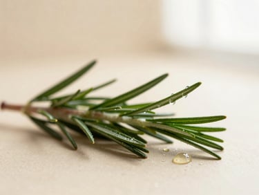 Fresh rosemary sprigs with oil droplets, soft warm light, botanical accents on an ivory surface