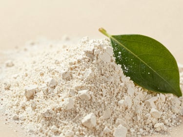 Macro texture study of fine white collagen powder next to a single green leaf, soft natural light.