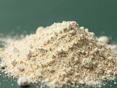 Close-up of collagen powder texture, soft antique gold lighting, on a deep forest green background