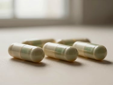 Macro shot of biotin capsules on a soft ivory surface, diffused window light, shallow depth of field