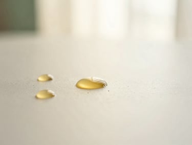 Close-up macro detail of golden oil droplets on a clean white surface, soft warm lighting.