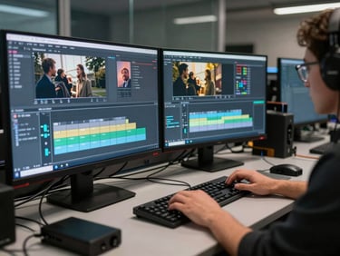 Wide shot of an edit bay workstation at night, multiple monitors showing ad campaign dashboards and rough cut timelines side by side, monitor glow lighting the operator's hands on the keyboard, cables and drives scattered on the desk
