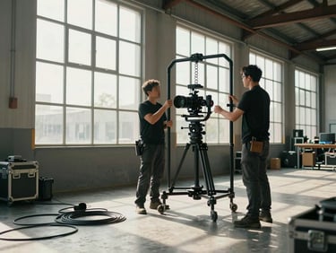 Wide production floor shot — two crew members adjusting a gimbal rig under daylight streaming through warehouse windows, cables and gear cases visible on floor, color temperature mixing warm practical and cool daylight