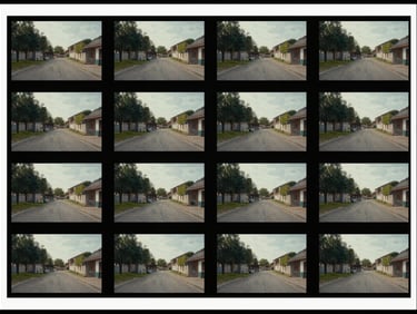 Contact sheet grid of video stills from a single shoot day — 12 frames arranged in rows showing location coverage, close-ups and wides, color-graded frames with visible LUT applied, editorial contact sheet border