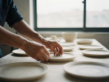 Intimate close-up of hands arranging hand-fired ceramic plates in a dimly lit, minimalist Bogotá studio, soft overcast daylight from a high window, 35mm film style