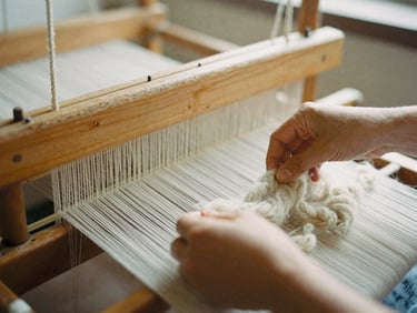 Macro shot of hands guiding raw wool threads on a traditional wooden loom, shallow depth of field, warm interior lighting, 35mm film style