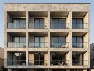 Fachada exterior de una residencia contemporánea de concreto expuesto y grandes ventanales durante el atardecer dorado, enfoque minimalista.