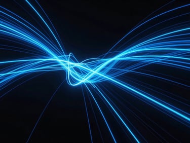 High contrast WebGL render of fluid dynamic simulation with bright blue neon trails on a dark background