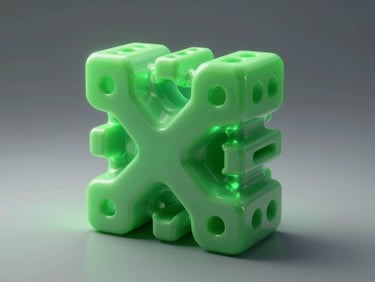 Complex 3D geometry rendered using signed distance fields in a single fragment shader, electric green glow