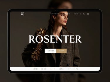 High-resolution UI mockup of a luxury fashion landing page, dark mode, kinetic typography, razor-sharp borders, dramatic lighting