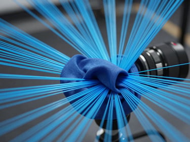 Extreme close-up of interactive spring-mass system simulating realistic fabric collisions, neon blue threads