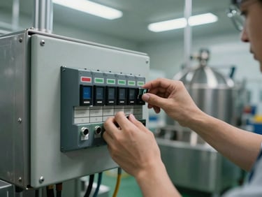 Close-up of a technician's hands adjusting a PLC control panel inside a food processing facility, overhead fluorescent wash, stainless steel equipment surfaces visible in background, utilitarian framing