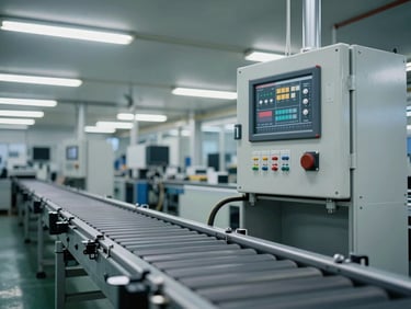 Wide shot of an automated conveyor and PLC control cabinet inside a production line, overhead fluorescent light, steel and cable tray detail visible, no people, operational environment