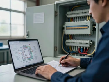 Close-up of an engineer reviewing wiring diagrams on a laptop placed beside an open electrical panel inside a plant, indirect daylight through a warehouse window at left, cables and terminal blocks visible, focused and unposed