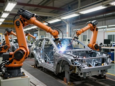 Wide shot of an automotive assembly line interior, robotic arm mid-operation welding a chassis component, industrial fluorescent overhead lighting, steel grating floor, no workers posed — purely the system at work