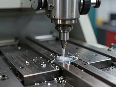 Tight shot of precision CNC machine interior during operation, metal shavings on work surface, coolant stream visible, task lighting on cutting tool, industrial ambient in background
