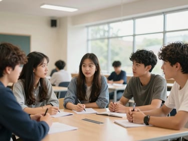 Students actively debating around a table in a modern seminar room, expressive faces, natural daylight, shallow depth of field, 35mm.