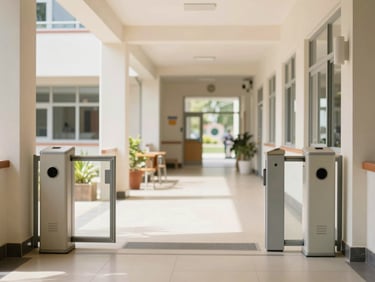 Bright modern school entrance corridor with secure access gates, clean architectural lines, natural light, 35mm.