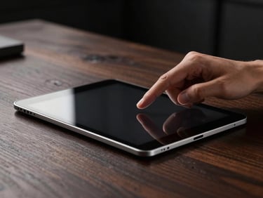Primer plano de manos profesionales interactuando con una tablet de diseño premium, sobre una mesa de madera oscura, con luz lateral suave y reflejos metálicos controlados.