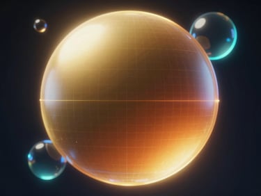 Abstract 3D render of a glowing gold-to-orange gradient sphere with subtle digital grid patterns, dark-field studio lighting, neon blue backlighting, glassmorphism accents