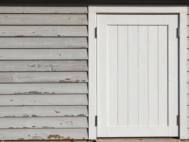 Side-by-side split of an exterior wood siding panel — left half showing weathered, chalking paint with peeling edges; right half showing the same surface freshly primed and painted, straight-on framing, flat north-facing daylight, no people