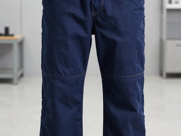 Close-up of reinforced double stitching on heavy duty navy blue canvas work trousers, clean industrial workshop background