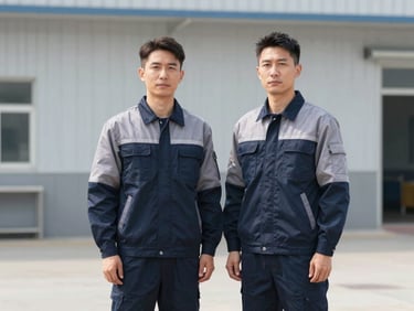 Two workers standing side by side in coordinated dark blue and grey industrial uniforms, clean warehouse environment, daylight