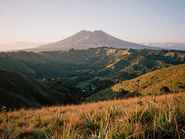 Wide panoramic view of the massive Mount Elgon caldera under soft golden hour light, grassy moorlands stretching to the horizon