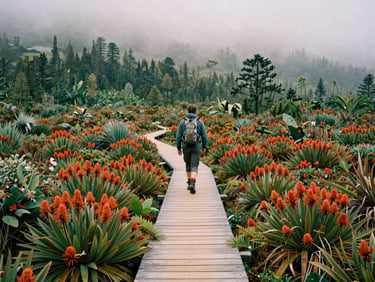 A mountaineer traversing a wooden boardwalk through giant lobelia plants and misty bog valleys in the Rwenzori mountains, soft overcast light