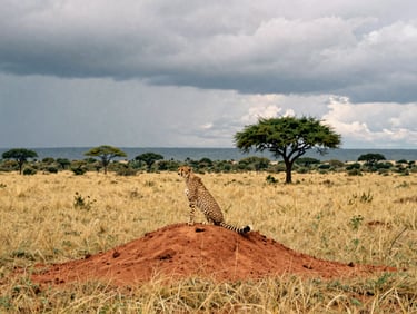 A cheetah perched on a low termite mound surveying the vast golden plains of Kidepo Valley under a dramatic stormy sky