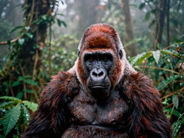 Close-up of a mountain gorilla in misty volcanic forest, soft overcast light, deep green foliage, editorial travel photography.