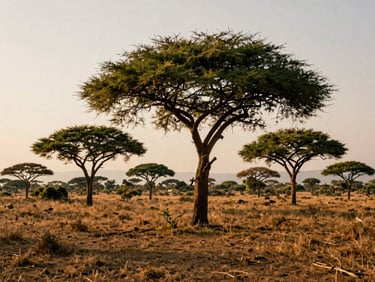 Golden-hour savannah landscape with acacia trees in Uganda, soft warm light, documentary style.