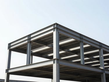Exposed steel framing against a bright sky, high-contrast daylight, architectural photography, 35mm