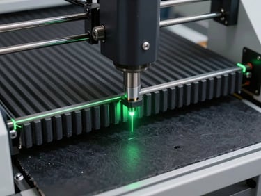 Close-up of automated precision corrugated cardboard cutting and folding machinery, sharp focus, technical green laser alignment guides, dark slate background