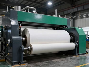 Wide shot of giant high-speed paper roll winding machinery in a modern industrial facility, crisp overhead lighting, deep charcoal tones, high-contrast shadows